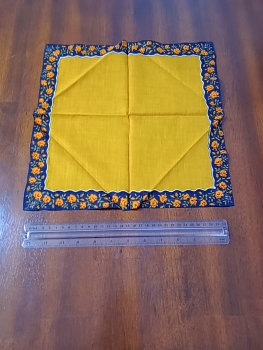 Classic Yellow Cotton Handkerchief Scarf with Navy Floral Border